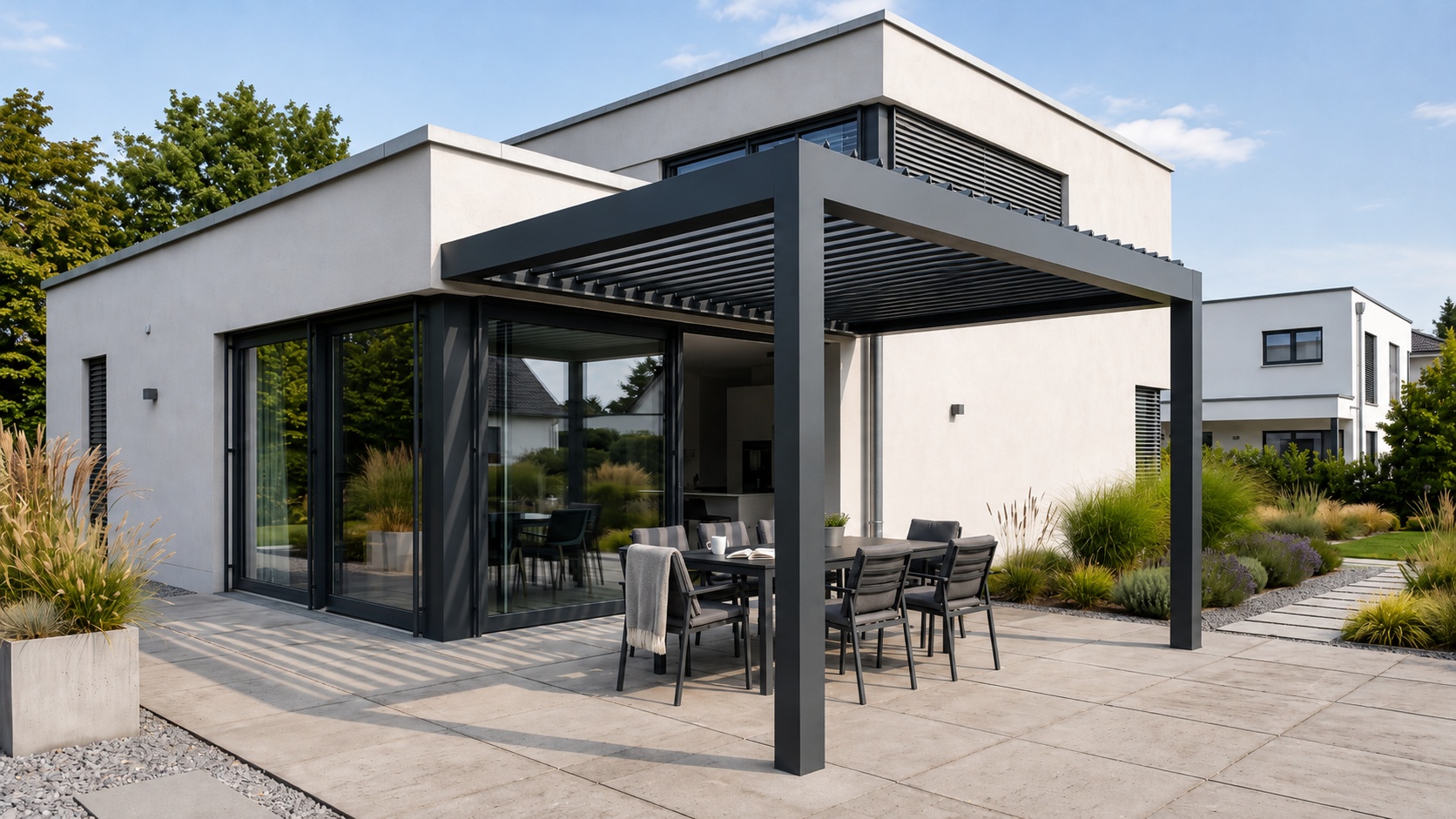 Pergola bioklimatyczna z otwartymi lamelami nad tarasem