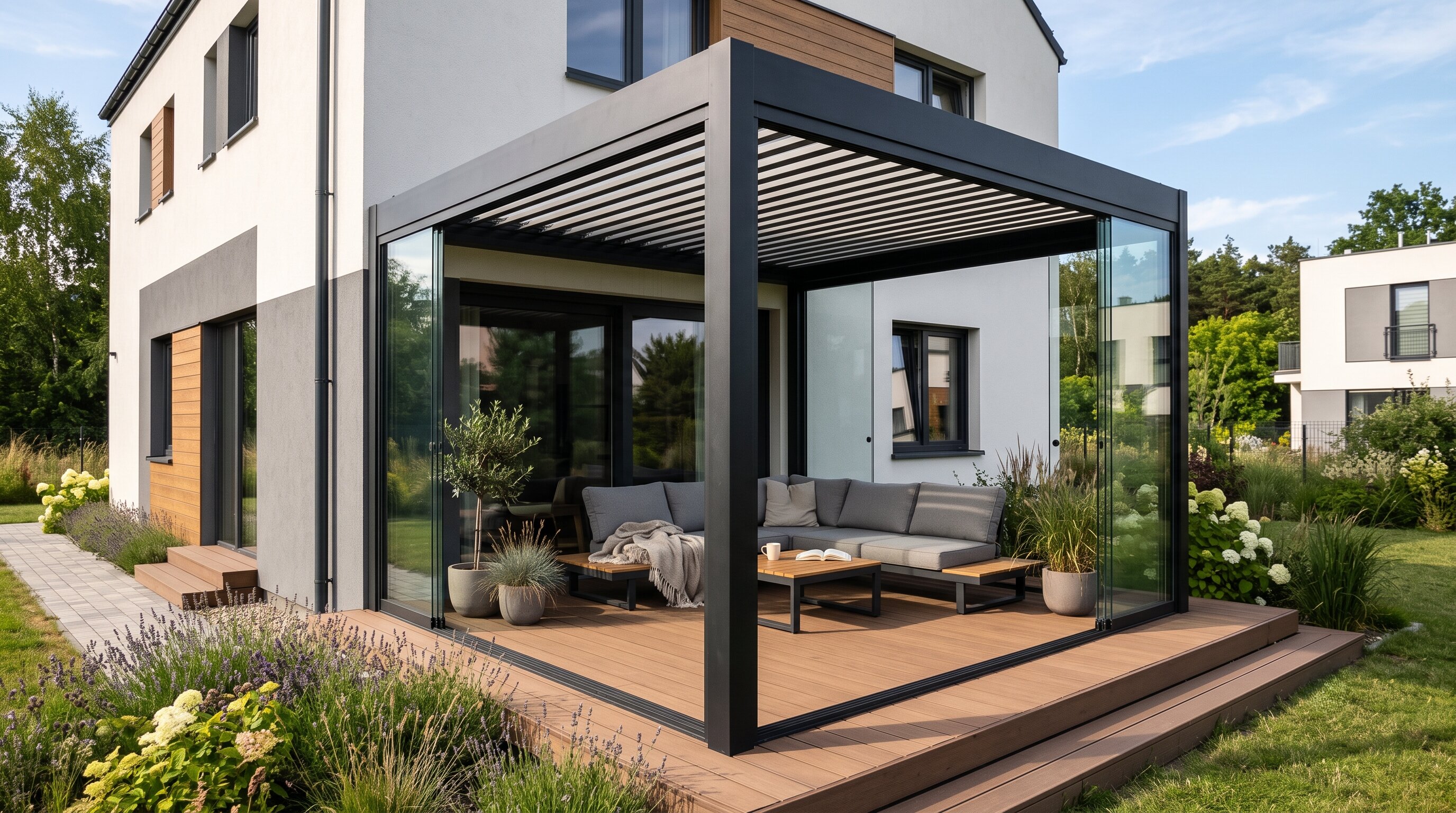 Pergola bioklimatyczna przy domu dwurodzinym