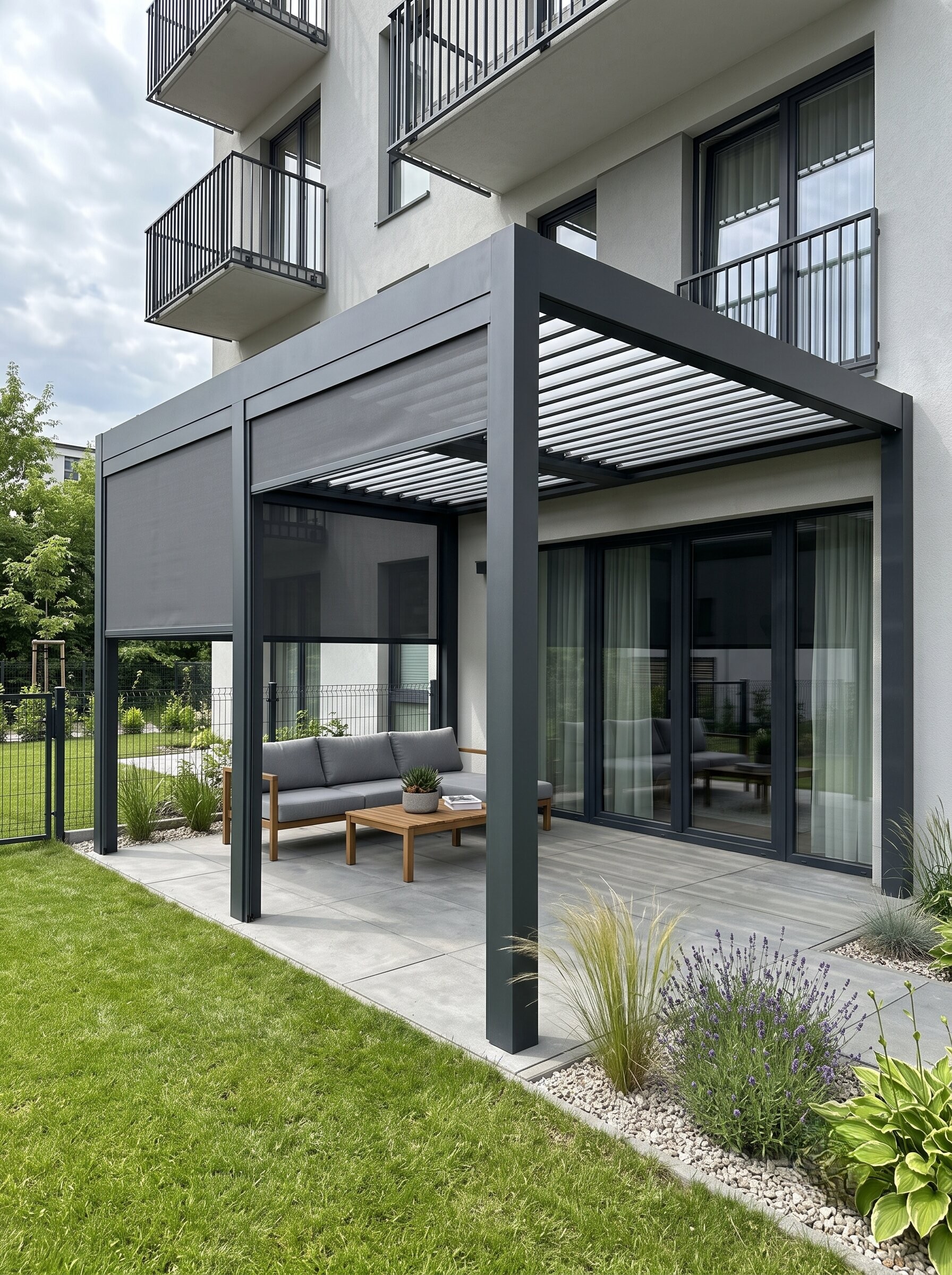 Pergola bioklimatyczna w ogórdku w domu wielorodzinym